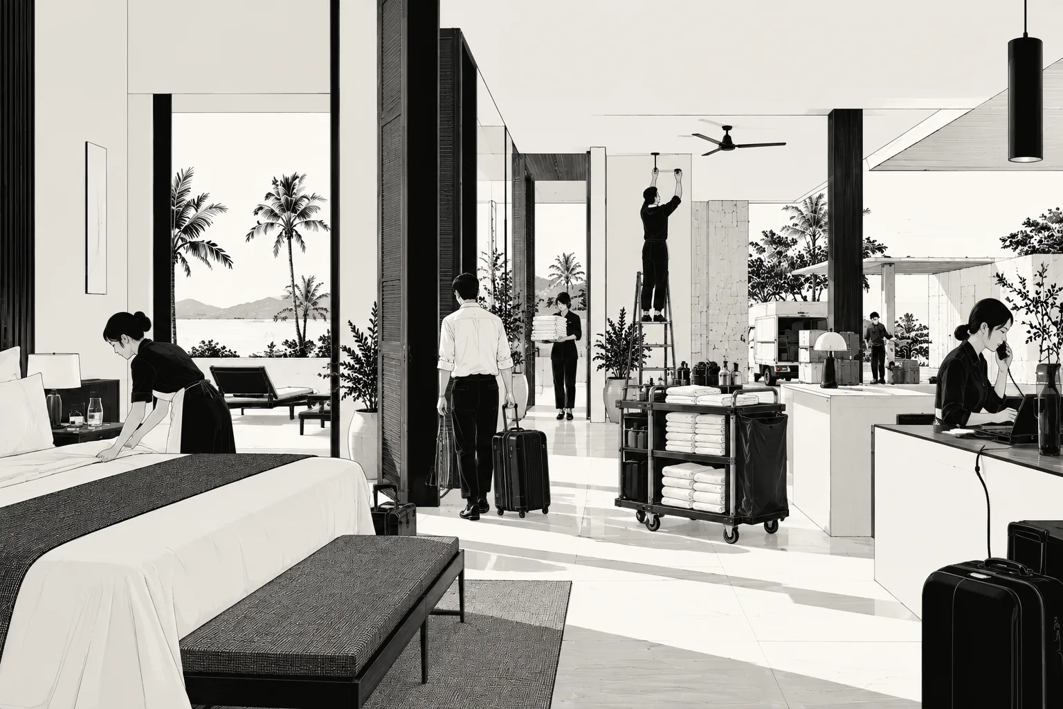 Front desk, housekeeping and maintenance teams in a busy boutique hotel.